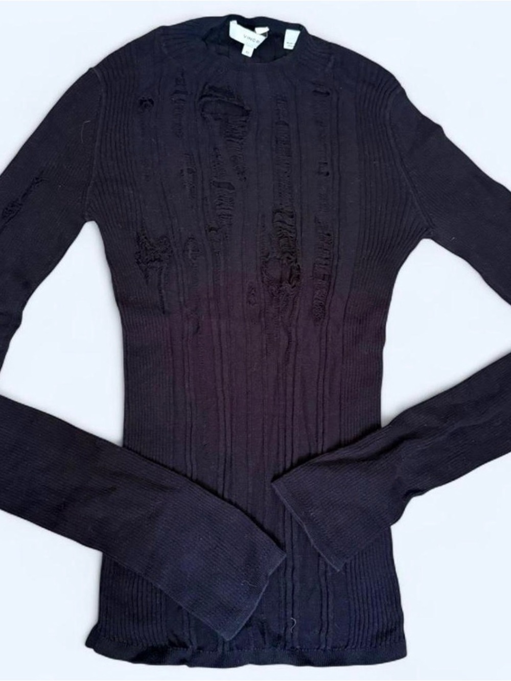 Vince Black Distressed Ribbed Crewneck Sweater